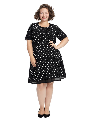 Mesh Detail Polka Dot Fit And Flare Dress