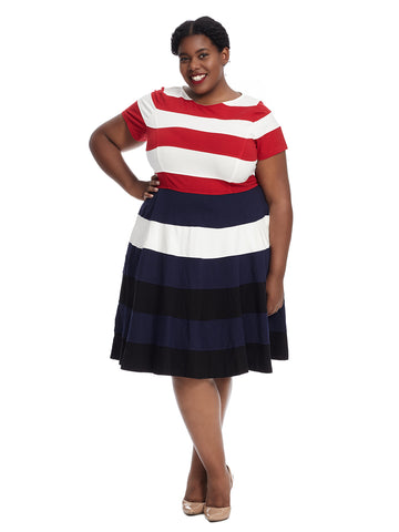 Banded Stripe Fit And Flare Dress