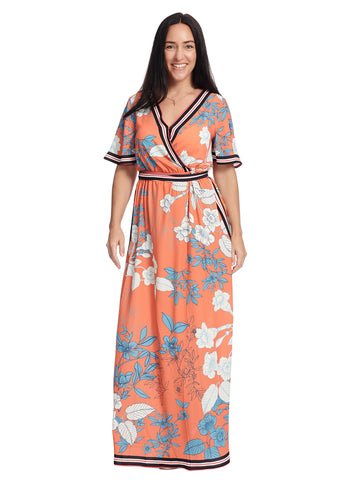 Surplice Orange Floral Print Maxi Dress