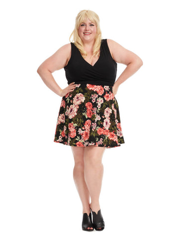 Fit & Flare Dress In Black-Coral Floral Print