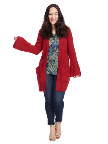 Long Sleeve Open Face Cardigan With Pockets In Red