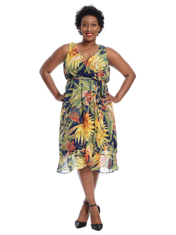 Sleeveless Floral Faux Wrap Dress With Tie Belt