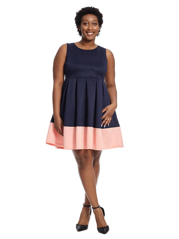 Navy And Pink Border Fit-And-Flare Dress