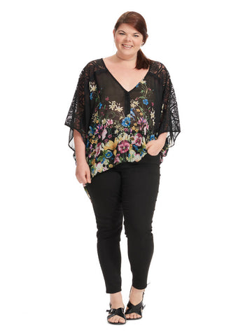 Lace Sleeve Blouse In Black Floral Print