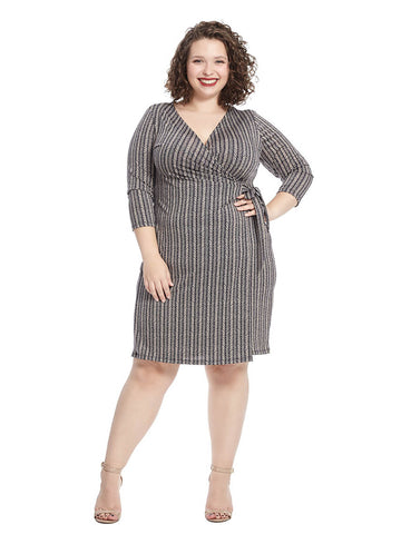 Wrap Dress In Navy And Taupe Multi Print