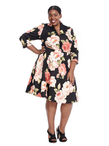 Three-Quarter Sleeve Fit And Flare Dress In Floral Print