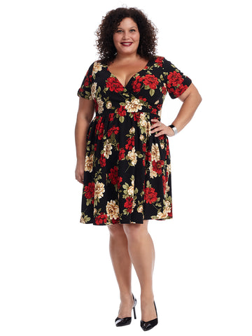 Short Sleeve Black Floral Fit And Flare Dress