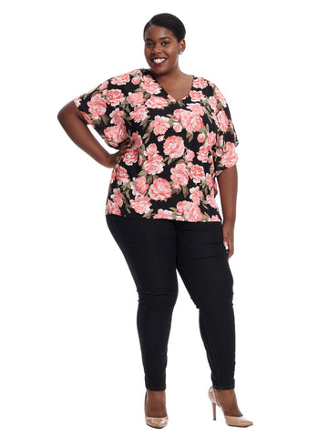 Peony Print Butterfly Sleeve Top