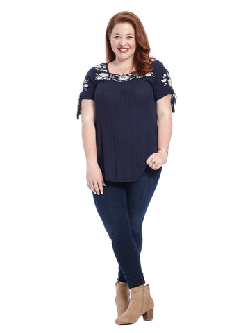 Navy Short Sleeve Top With White Embroidery