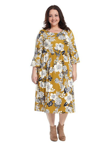 Bell Sleeve Fit And Flare Dress In Mustard Multi Floral