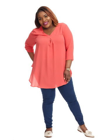 Three-Quarter Sleeve V-Neck Tunic Top In Coral