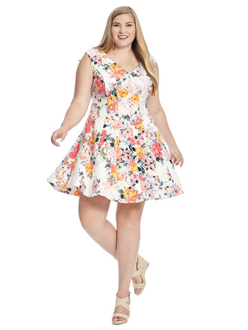 V-Neck Floral Scuba Fit And Flare Dress