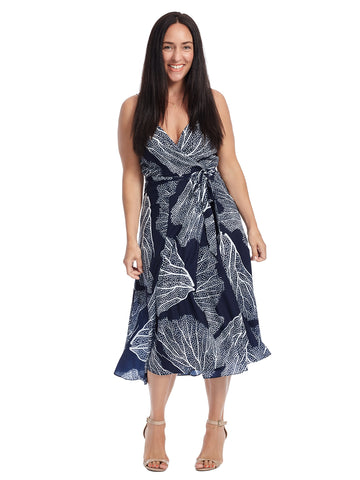 Navy Coral Reef Print True Wrap Dress