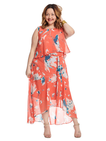 Overlay Coral Floral Print Dress