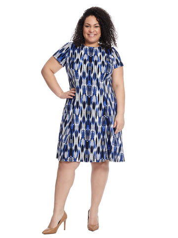 Printed Short Sleeve Fit And Flare Dress In Blue