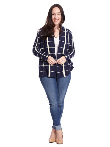 Simply Snuggly Plaid Cardigan In Navy