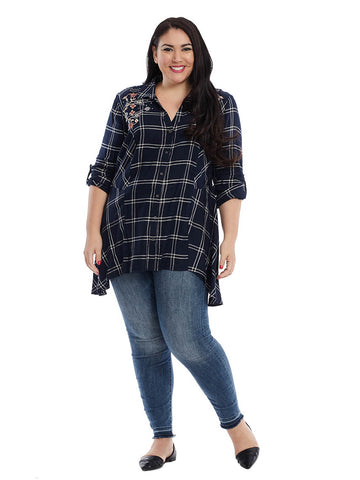 Ries Embroidered Plaid Tunic Top