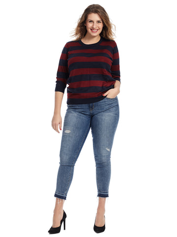 Navy And Wine Striped Knit Sweater