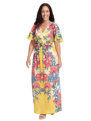 V-Neck Multi Floral Yellow Printed Dress
