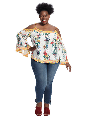 Cold Shoulder Yellow Trim Ivory Floral Print Top