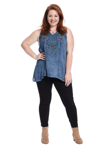 Sleeveless Floral Embroidered Denim Wash Top