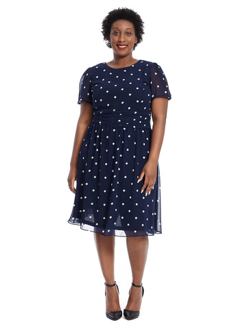 Short Sleeve Navy Polka Dot Print Dress
