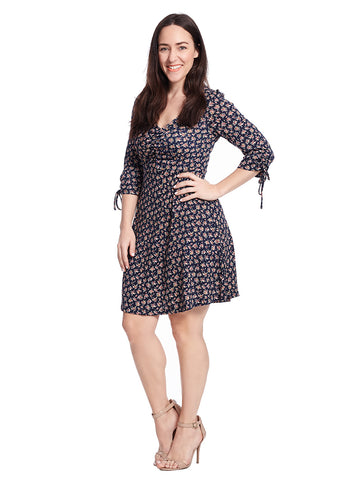 V-Neck Fit And Flare Dress In Navy Floral Print