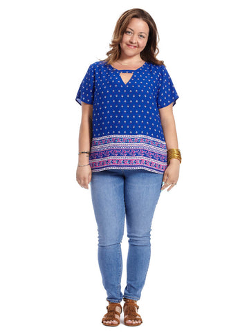 Short Sleeve Blouse With Cut Out In Cobalt Print