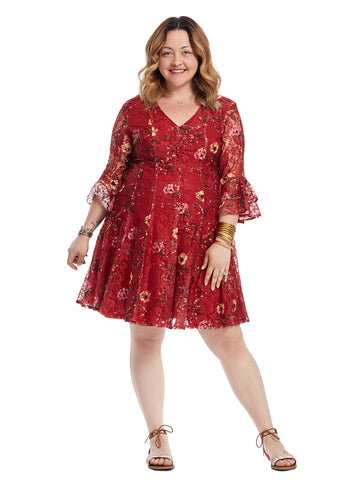 Bell Sleeve Red Floral Lace Fit And Flare Dress