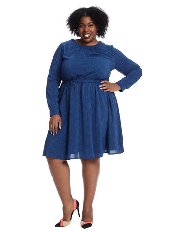Long Sleeve Fit And Flare Dress In Blue Print