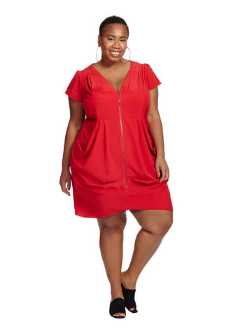 Zip Front Tunic Dress In Red