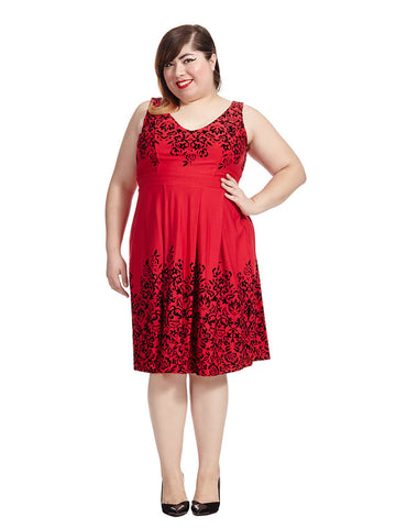 Border Flocked Dress In Red Velvet